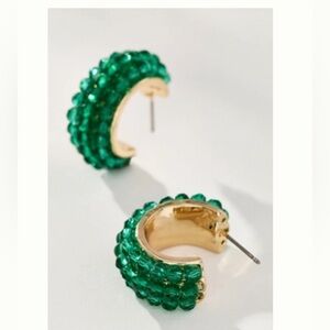Anthropologie Gold Hoop Earrings with Emerald Green Beads